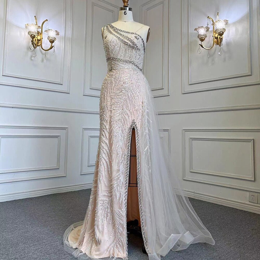 Beige Sexy High Split Elegante Abendkleider Meerjungfrau Perlen Mit Überrock 2025 Für Frauen Party LA71623 