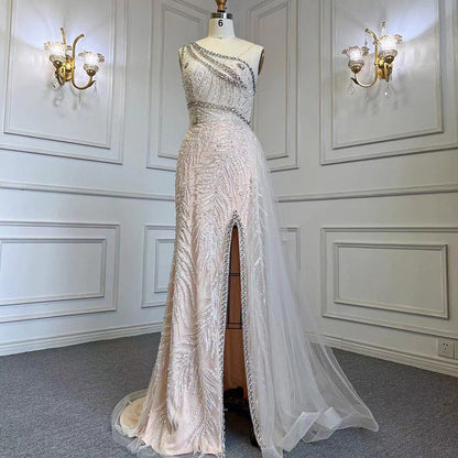 Beige Sexy High Split Elegante Abendkleider Meerjungfrau Perlen Mit Überrock 2025 Für Frauen Party LA71623 
