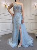 Vestido de noche elegante, sexy, color beige, con abertura alta, corte sirena, con cuentas y sobrefalda, para mujer, fiesta, LA71623 