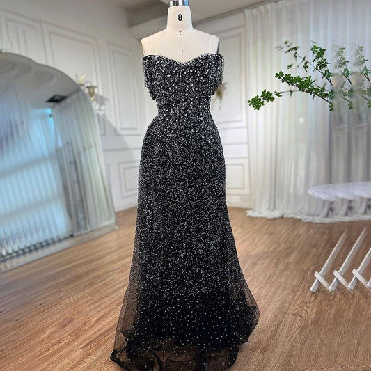 Schwarz Meerjungfrau Sexy High Split Kristall Perlen Luxus Abendkleider Kleider 2025 Für Frauen Hochzeit Party LA72150 