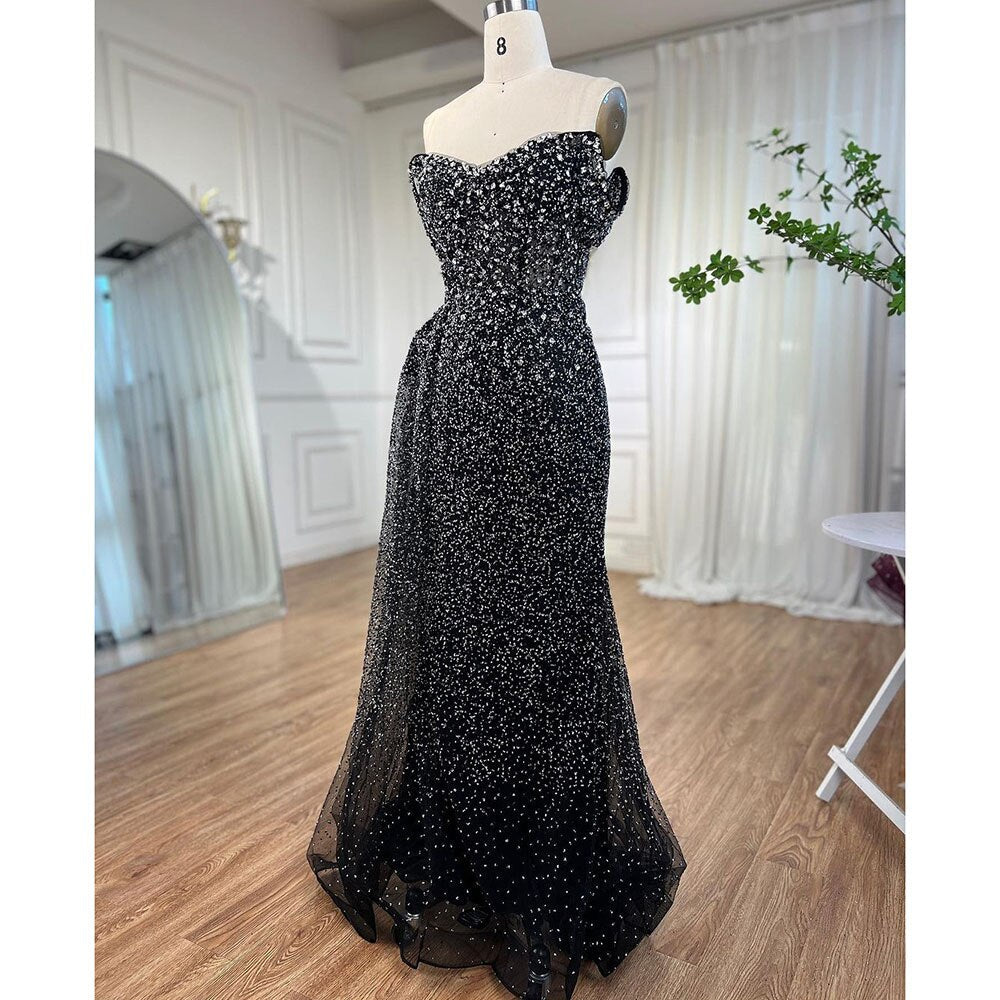 Vestido de noche de lujo con escote sirena, sexy, negro, con abertura alta y cuentas de cristal, para mujer, boda, fiesta, LA72150 