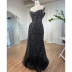 Vestido de noche de lujo con escote sirena, sexy, negro, con abertura alta y cuentas de cristal, para mujer, boda, fiesta, LA72150 