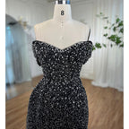 Vestido de noche de lujo con escote sirena, sexy, negro, con abertura alta y cuentas de cristal, para mujer, boda, fiesta, LA72150 