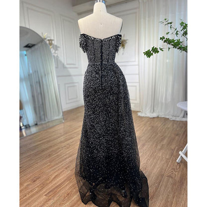 Schwarz Meerjungfrau Sexy High Split Kristall Perlen Luxus Abendkleider Kleider 2025 Für Frauen Hochzeit Party LA72150 