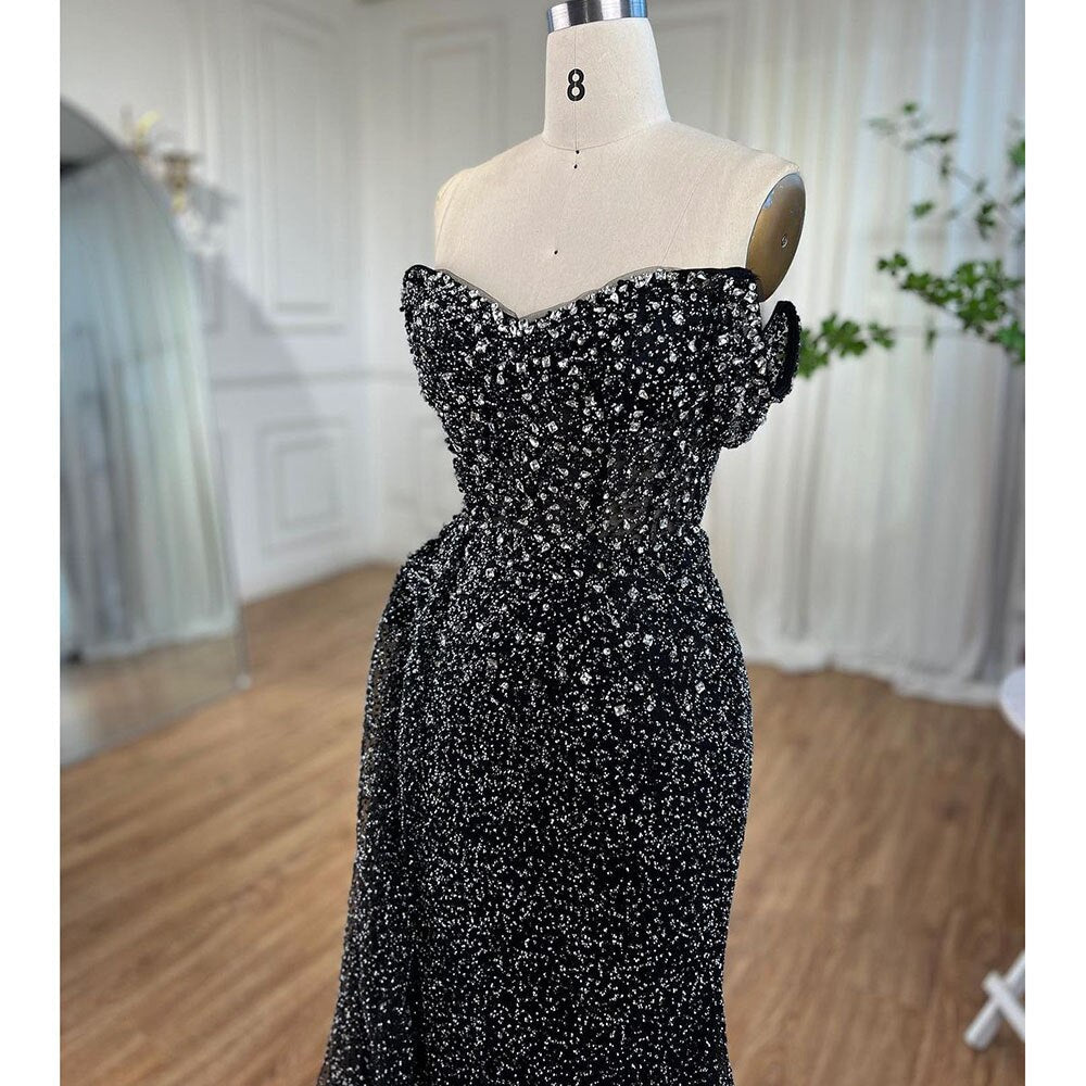 Vestido de noche de lujo con escote sirena, sexy, negro, con abertura alta y cuentas de cristal, para mujer, boda, fiesta, LA72150 
