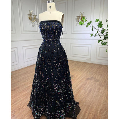 Vestido de noche elegante negro de corte A, hombros descubiertos, de lujo, con lentejuelas y cuentas para mujer, para fiesta, LA72108 
