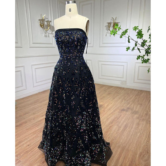 Vestido de noche elegante negro de corte A, hombros descubiertos, de lujo, con lentejuelas y cuentas para mujer, para fiesta, LA72108 
