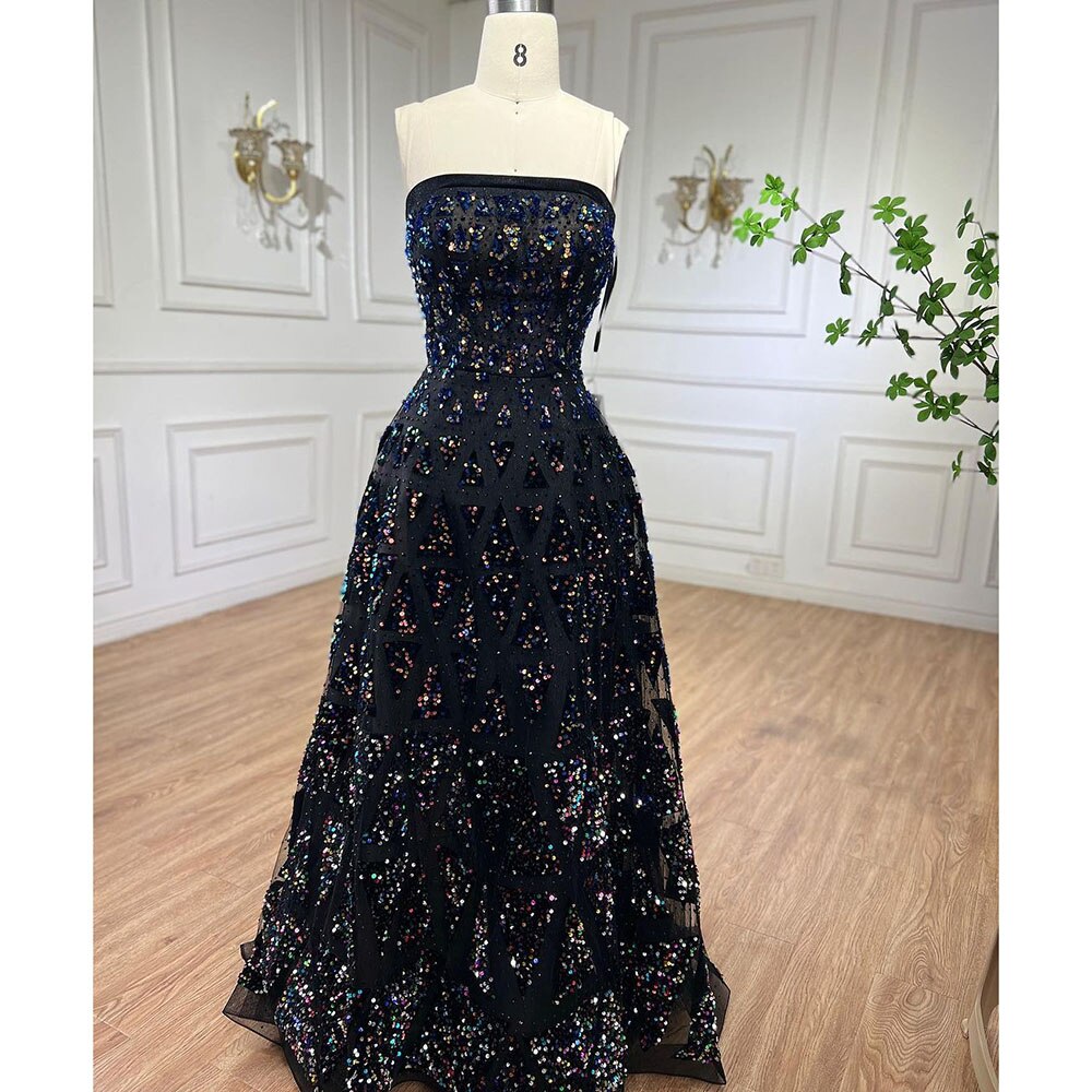 Vestido de noche elegante negro de corte A, hombros descubiertos, de lujo, con lentejuelas y cuentas para mujer, para fiesta, LA72108 