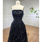 Vestido de noche elegante negro de corte A, hombros descubiertos, de lujo, con lentejuelas y cuentas para mujer, para fiesta, LA72108 