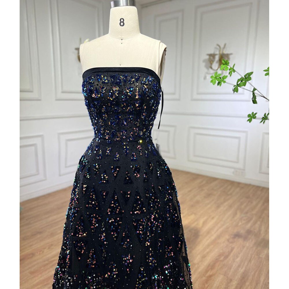 Vestido de noche elegante negro de corte A, hombros descubiertos, de lujo, con lentejuelas y cuentas para mujer, para fiesta, LA72108 