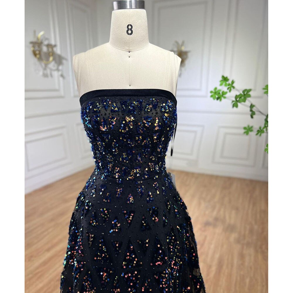 Vestido de noche elegante negro de corte A, hombros descubiertos, de lujo, con lentejuelas y cuentas para mujer, para fiesta, LA72108 