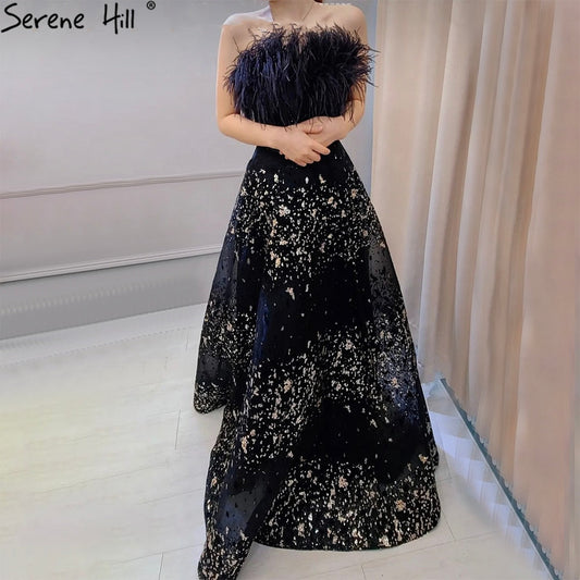 Vestidos de noche negros sexys de corte A, con plumas y cuentas, de lujo, para mujer, para bodas y fiestas, LA71480 