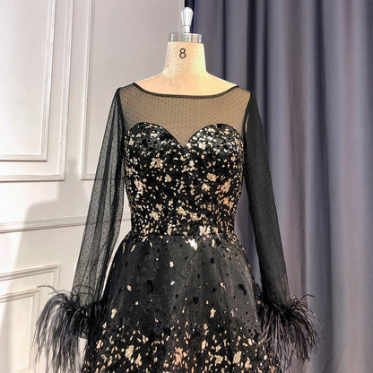 En oferta, sin devolución ni reembolso, vestido de noche negro sexy de corte A, vestidos de noche 2025 con cuello redondo, mangas largas, plumas, de lujo para mujer, fiesta de boda LA71480L 
