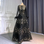Zum Verkauf keine Rückgabe keine Rückerstattung Schwarze A-Linie Sexy Abendkleider Kleider 2025 O-Ausschnitt Lange Ärmel Feder Luxus Für Frauen Hochzeit Party LA71480L 