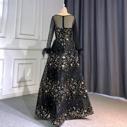 En oferta, sin devolución ni reembolso, vestido de noche negro sexy de corte A, vestidos de noche 2025 con cuello redondo, mangas largas, plumas, de lujo para mujer, fiesta de boda LA71480L 