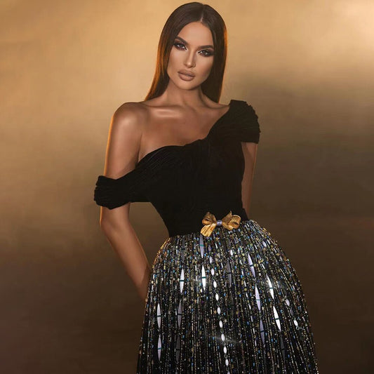 Vestido de noche negro de corte A, sexy, de un solo hombro, con cuentas brillantes, de lujo, para mujer, para fiesta 2025 LA71826