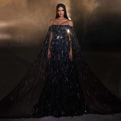 Vestido de noche negro de corte A, sexy, sin tirantes, con mangas estilo capa y cuentas de cristal de lujo para mujer, para fiesta 2025 LA71824 