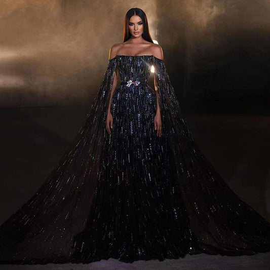 Vestido de noche negro de corte A, sexy, sin tirantes, con mangas estilo capa y cuentas de cristal de lujo para mujer, para fiesta 2025 LA71824 