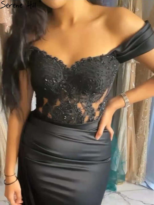 Schwarze Perlen High Split Abendkleider Kleider 2025 Meerjungfrau Elegante Sexy Für Frauen Party LA71461 