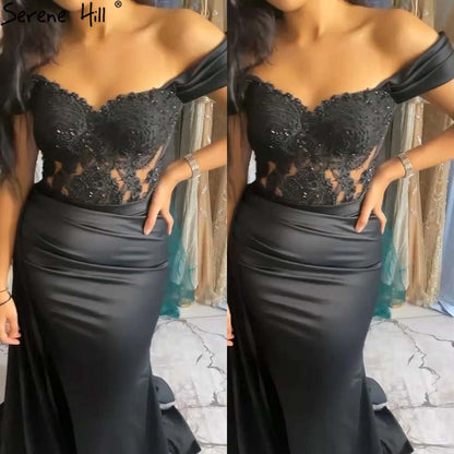 Schwarze Perlen High Split Abendkleider Kleider 2025 Meerjungfrau Elegante Sexy Für Frauen Party LA71461 