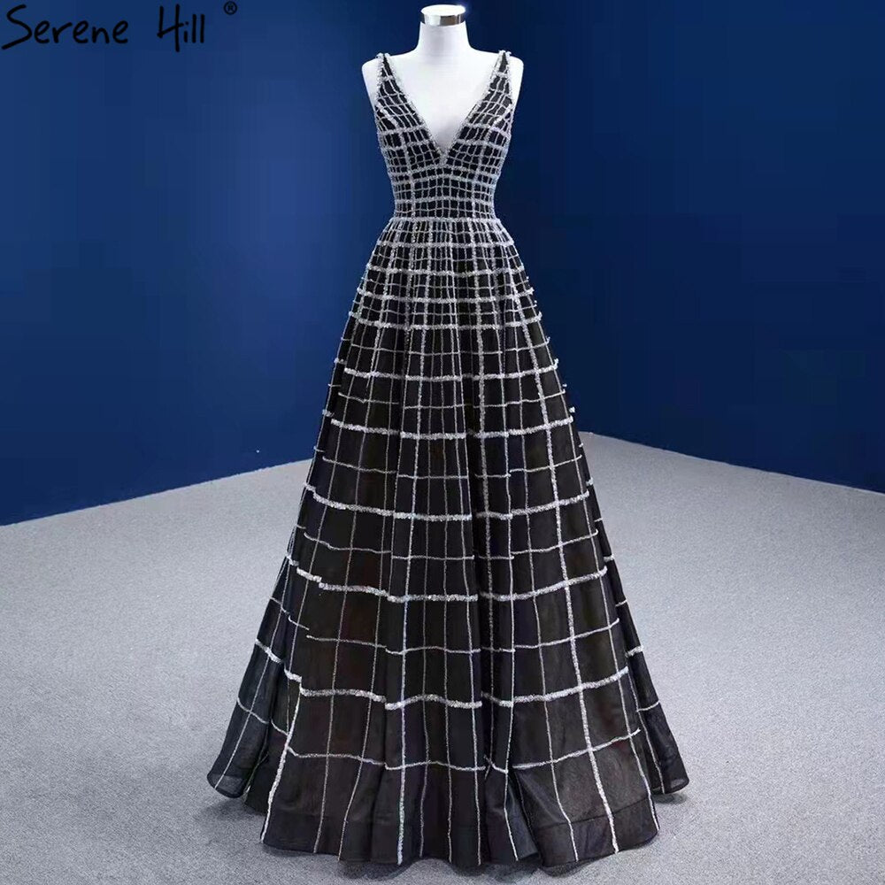Vestidos de noche negros de lujo con escote en V, corte A, con cordones, para mujer, para boda o fiesta HM67405 