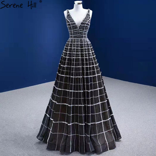 Vestidos de noche negros de lujo con escote en V, corte A, con cordones, para mujer, para boda o fiesta HM67405 