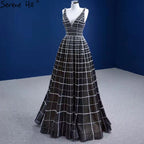Vestidos de noche negros de lujo con escote en V, corte A, con cordones, para mujer, para boda o fiesta HM67405 
