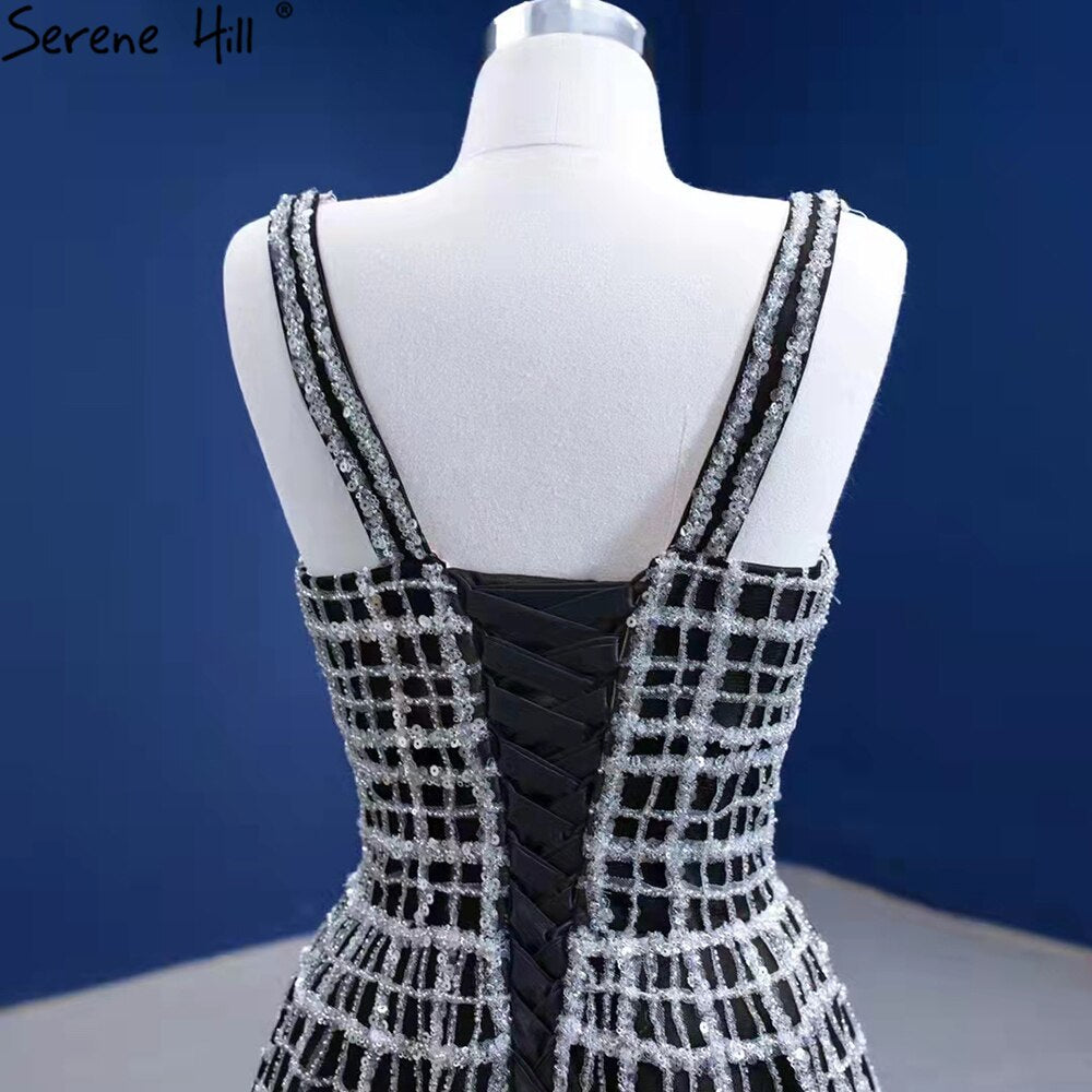 Vestidos de noche negros de lujo con escote en V, corte A, con cordones, para mujer, para boda o fiesta HM67405 