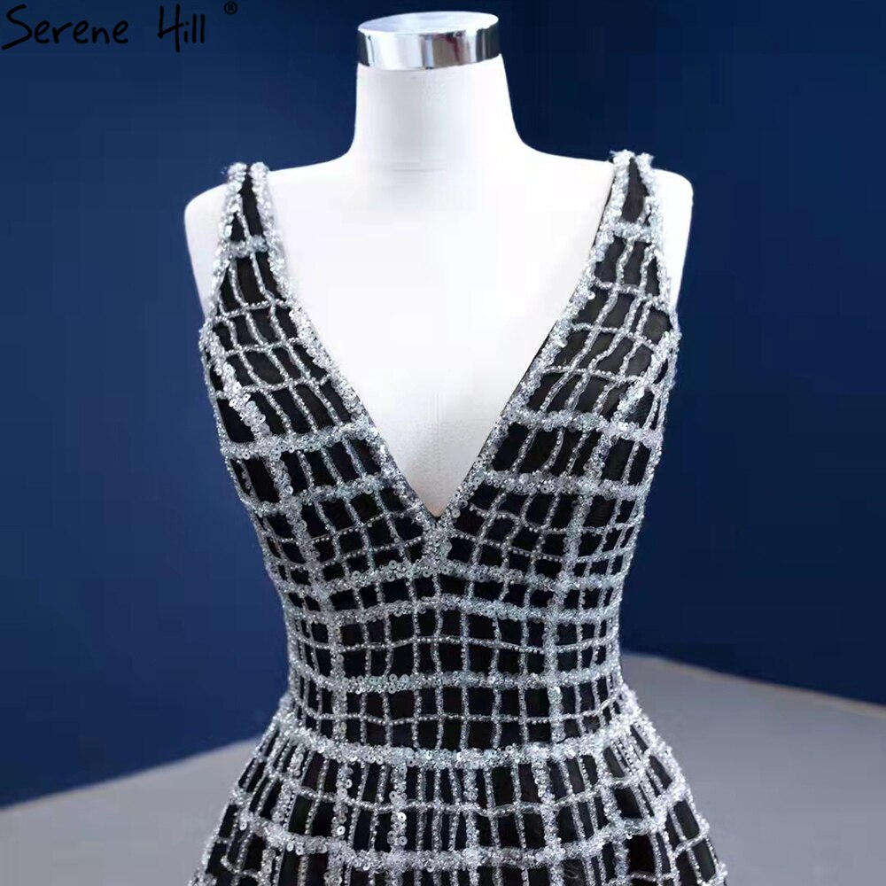 Vestidos de noche negros de lujo con escote en V, corte A, con cordones, para mujer, para boda o fiesta HM67405 
