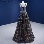 Vestidos de noche negros de lujo con escote en V, corte A, con cordones, para mujer, para boda o fiesta HM67405 