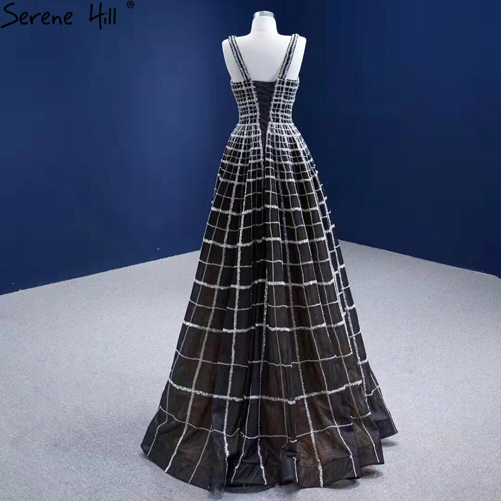 Vestidos de noche negros de lujo con escote en V, corte A, con cordones, para mujer, para boda o fiesta HM67405 