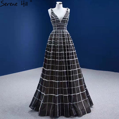 Vestidos de noche negros de lujo con escote en V, corte A, con cordones, para mujer, para boda o fiesta HM67405 