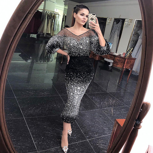 Vestidos de noche negros de sirena con cuentas, elegantes vestidos de lujo hasta los tobillos para mujer, para fiesta, LA71594 