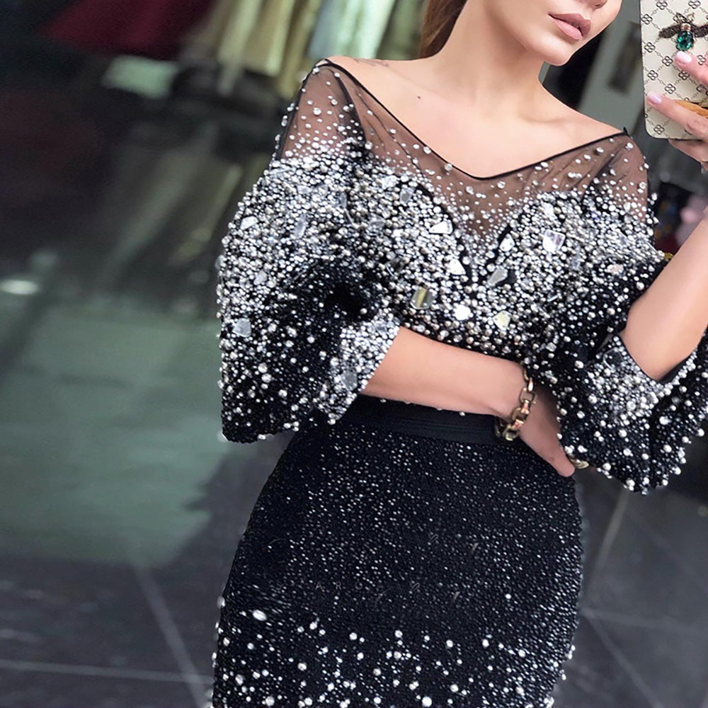 Vestidos de noche negros de sirena con cuentas, elegantes vestidos de lujo hasta los tobillos para mujer, para fiesta, LA71594 