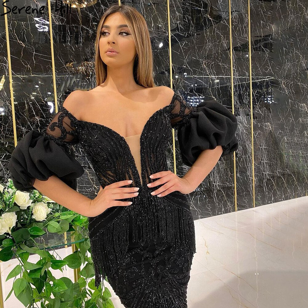 Schwarze Meerjungfrau Perlen Quaste Abendkleider Kleider 2025 Elegante Sexy Für Frauen Party LA71204 