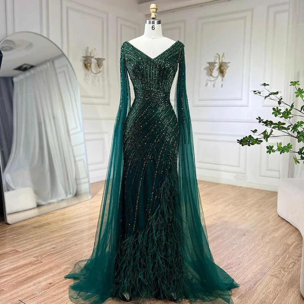 Vestido de noche de lujo con mangas largas y corte sirena, color negro, con plumas y cuentas, para mujer, 2025, para fiesta, LA72216 