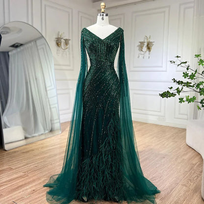 Vestido de noche de lujo con mangas largas y corte sirena, color negro, con plumas y cuentas, para mujer, 2025, para fiesta, LA72216 