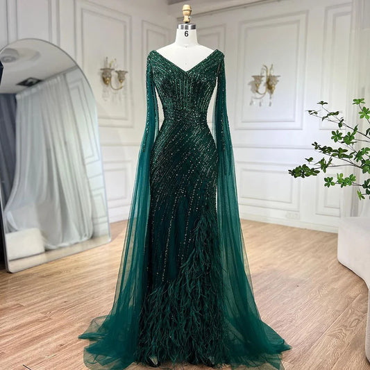 Vestido de noche de lujo con mangas largas y corte sirena, color negro, con plumas y cuentas, para mujer, 2025, para fiesta, LA72216 