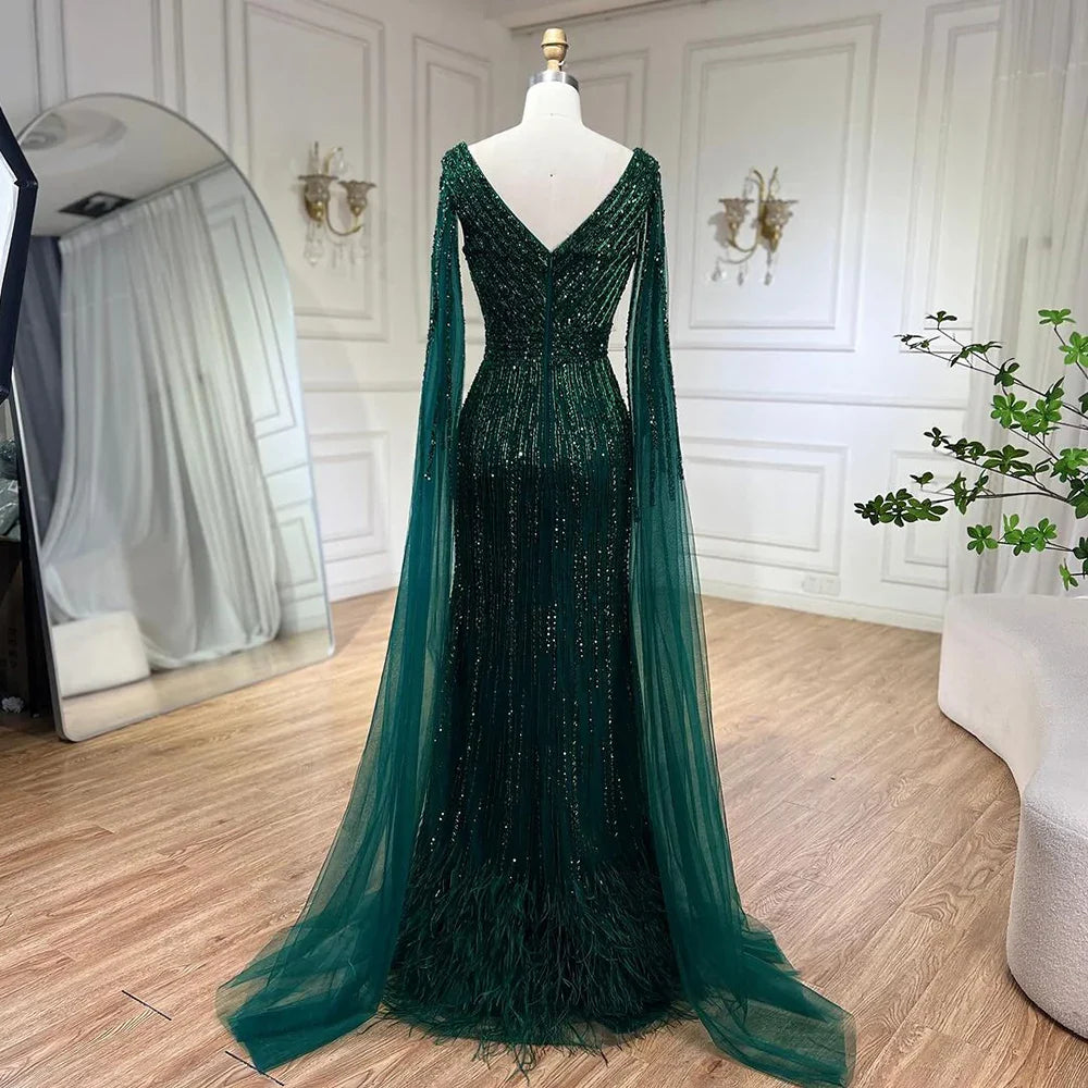 Black Mermaid Cape Sleeves High Split Luxury Beaded Feathers Evening Dresses Gowns 2025 For Women Party LA72216