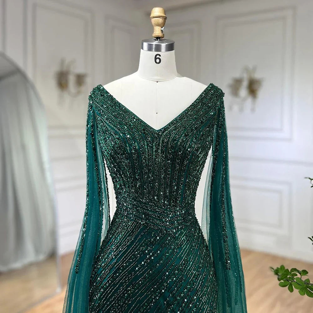 Vestido de noche de lujo con mangas largas y corte sirena, color negro, con plumas y cuentas, para mujer, 2025, para fiesta, LA72216 