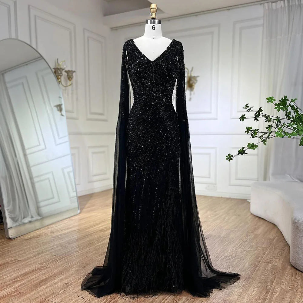 Vestido de noche de lujo con mangas largas y corte sirena, color negro, con plumas y cuentas, para mujer, 2025, para fiesta, LA72216 