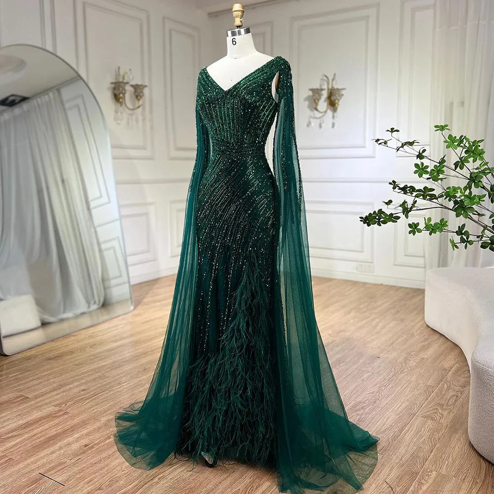 Vestido de noche de lujo con mangas largas y corte sirena, color negro, con plumas y cuentas, para mujer, 2025, para fiesta, LA72216 