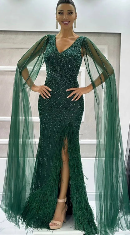 Vestido de noche de lujo con mangas largas y corte sirena, color negro, con plumas y cuentas, para mujer, 2025, para fiesta, LA72216 