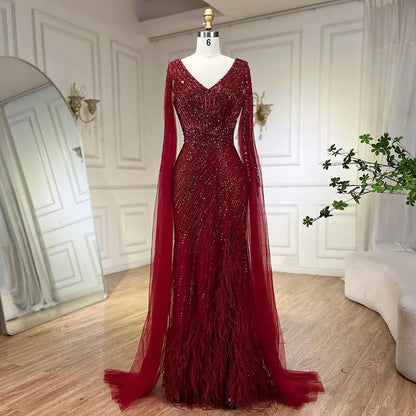Vestido de noche de lujo con mangas largas y corte sirena, color negro, con plumas y cuentas, para mujer, 2025, para fiesta, LA72216 