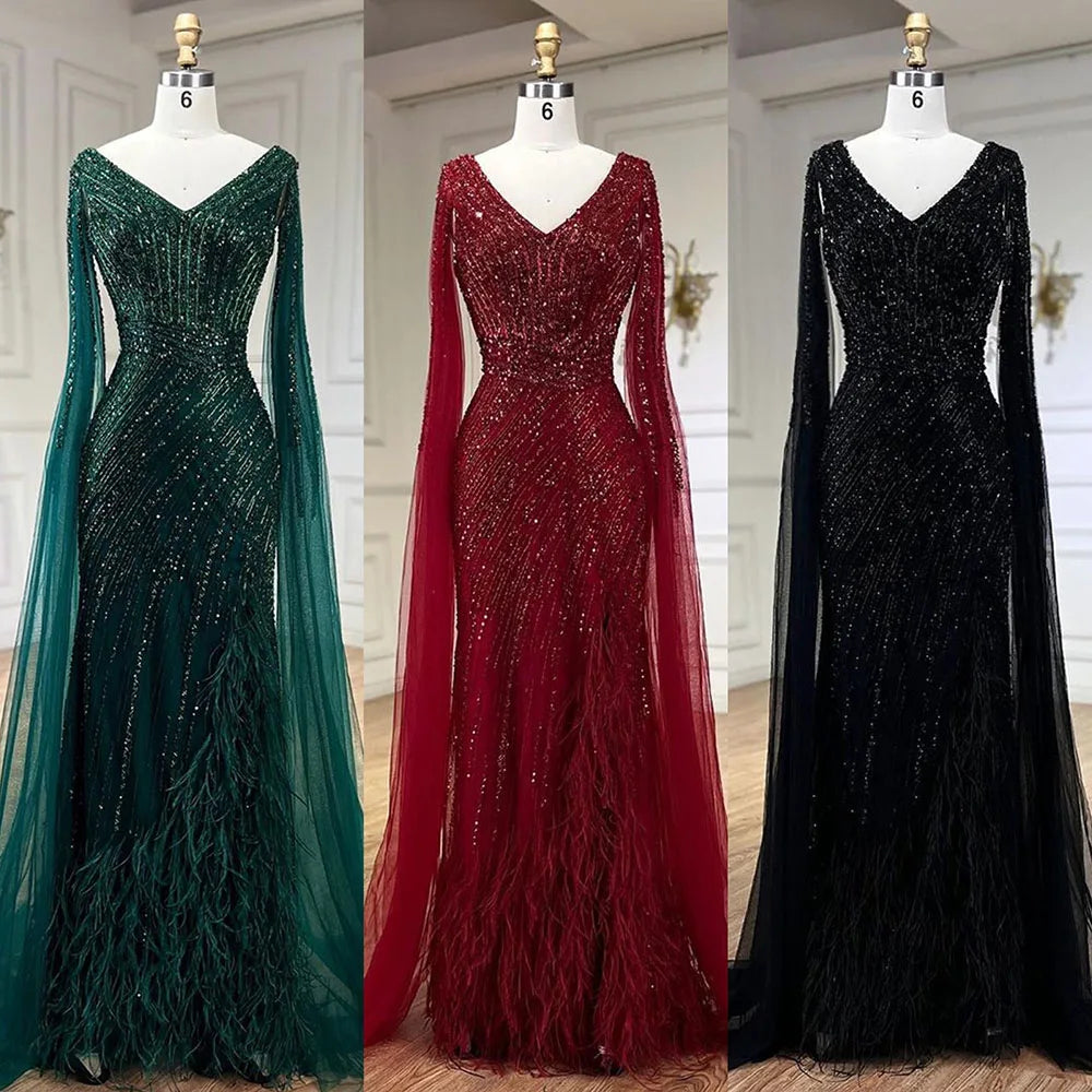 Vestido de noche de lujo con mangas largas y corte sirena, color negro, con plumas y cuentas, para mujer, 2025, para fiesta, LA72216 