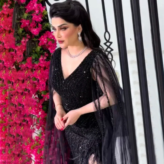 Vestido de noche negro con mangas tipo capa y corte sirena, sexy, de lujo, con plumas y cuentas, para mujer, fiesta, LA72231, 2025 