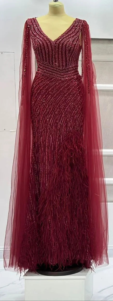 Schwarze Meerjungfrau Cape-Ärmel Sexy High Split Luxus Perlen Federn Abendkleider Kleider 2025 Für Frauen Party LA72231 