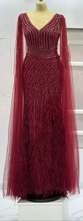Schwarze Meerjungfrau Cape-Ärmel Sexy High Split Luxus Perlen Federn Abendkleider Kleider 2025 Für Frauen Party LA72231 