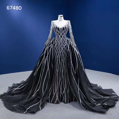 Vestido de novia de alta gama con falda desmontable de sirena negra, lentejuelas brillantes y cuentas, hecho a medida HM67480 