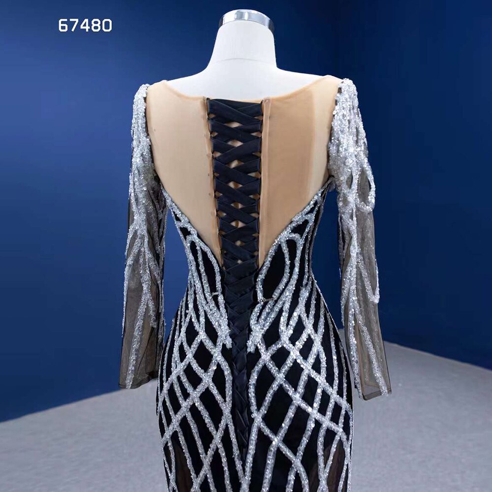 Vestido de novia de alta gama con falda desmontable de sirena negra, lentejuelas brillantes y cuentas, hecho a medida HM67480 